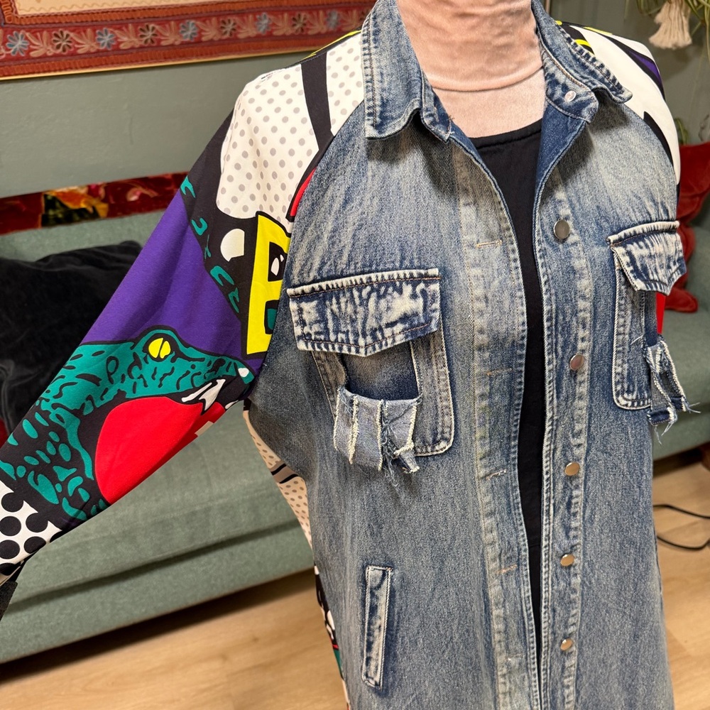 For Her NYC denim colorful cartoon long Jean Jacket L/XL - Picture 6 of 10